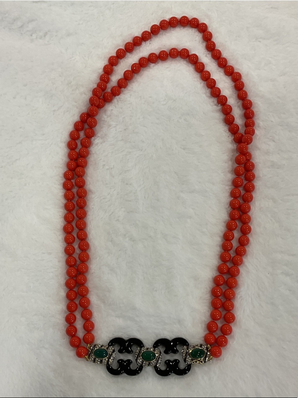 Heidi Daus Red Double-Strand Beaded Necklace with Black and Green Accents
